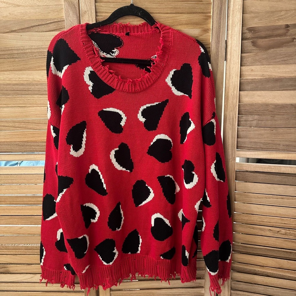 R13 Hearts Oversized Sweater Crew Pullover Distressed Punk Street Intarsia Red M - Picture 4 of 8